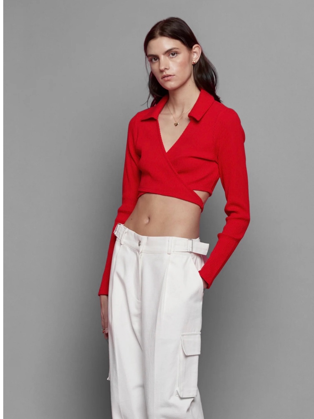 Oak + Fort Red Ribbed Wrap Crop Top with Collar size xs new without tags